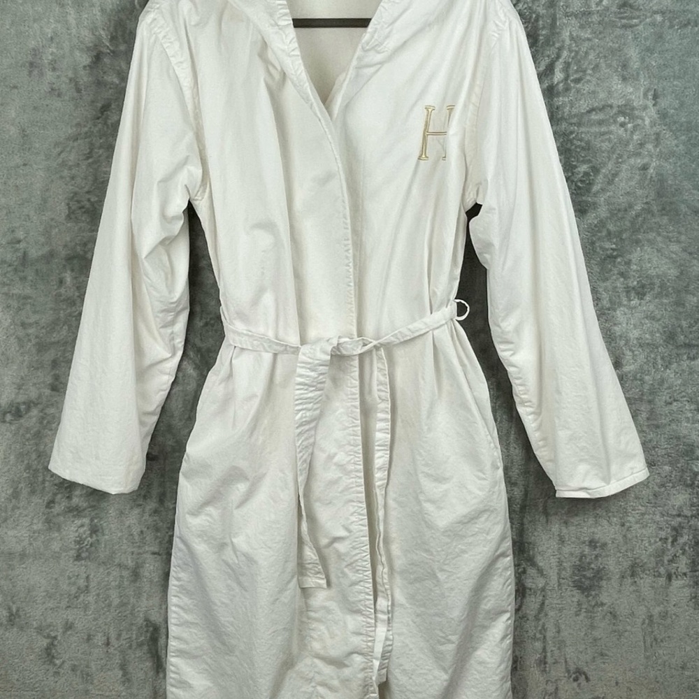 RH terry lined hooded belted robe with gold  brand embroidered H